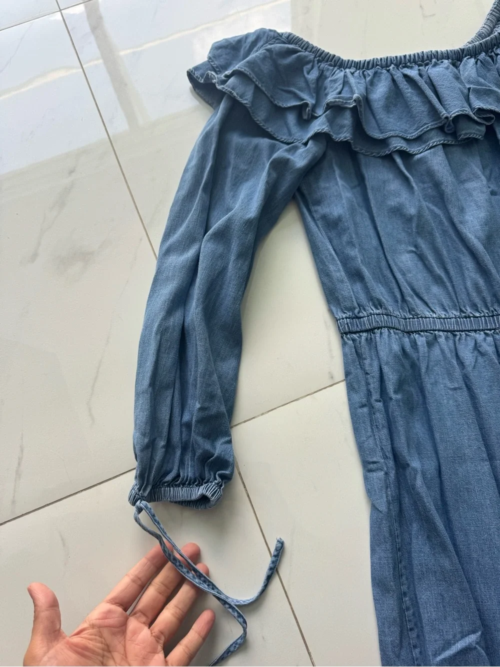 Michael Kors Off-Shoulder Wide-Leg Jumpsuit in Denim Blue